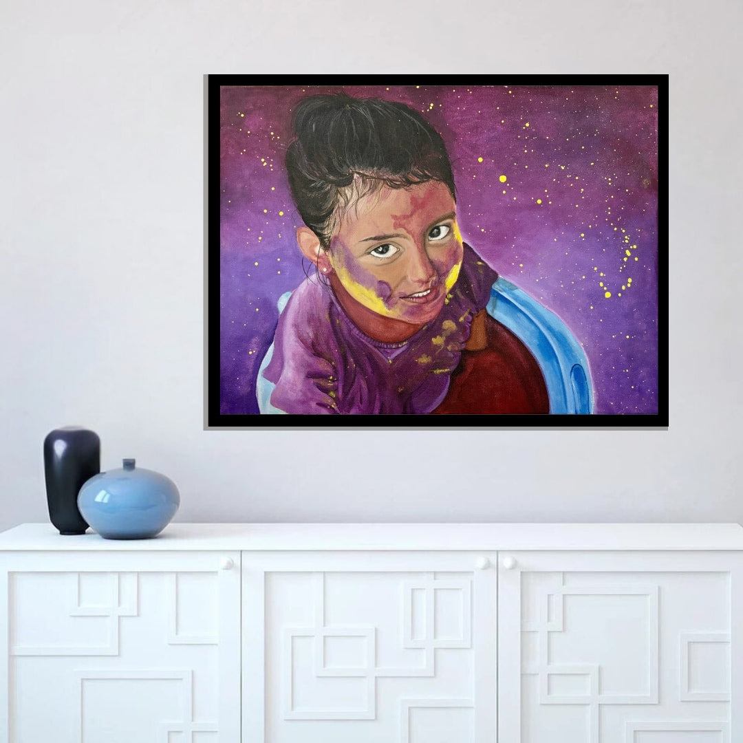 Artistic depiction of a person with a purple scarf against a starry purple background. Colors of Innocence – figurative portrait of a child with vibrant purple and yellow tones by Hitika Puri