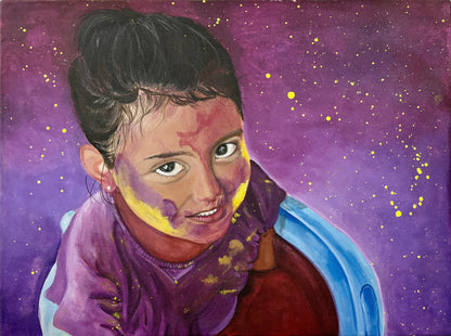 Original hand-painted artwork by Hitika Puri - Artistic depiction of a person with a purple scarf against a starry purple background