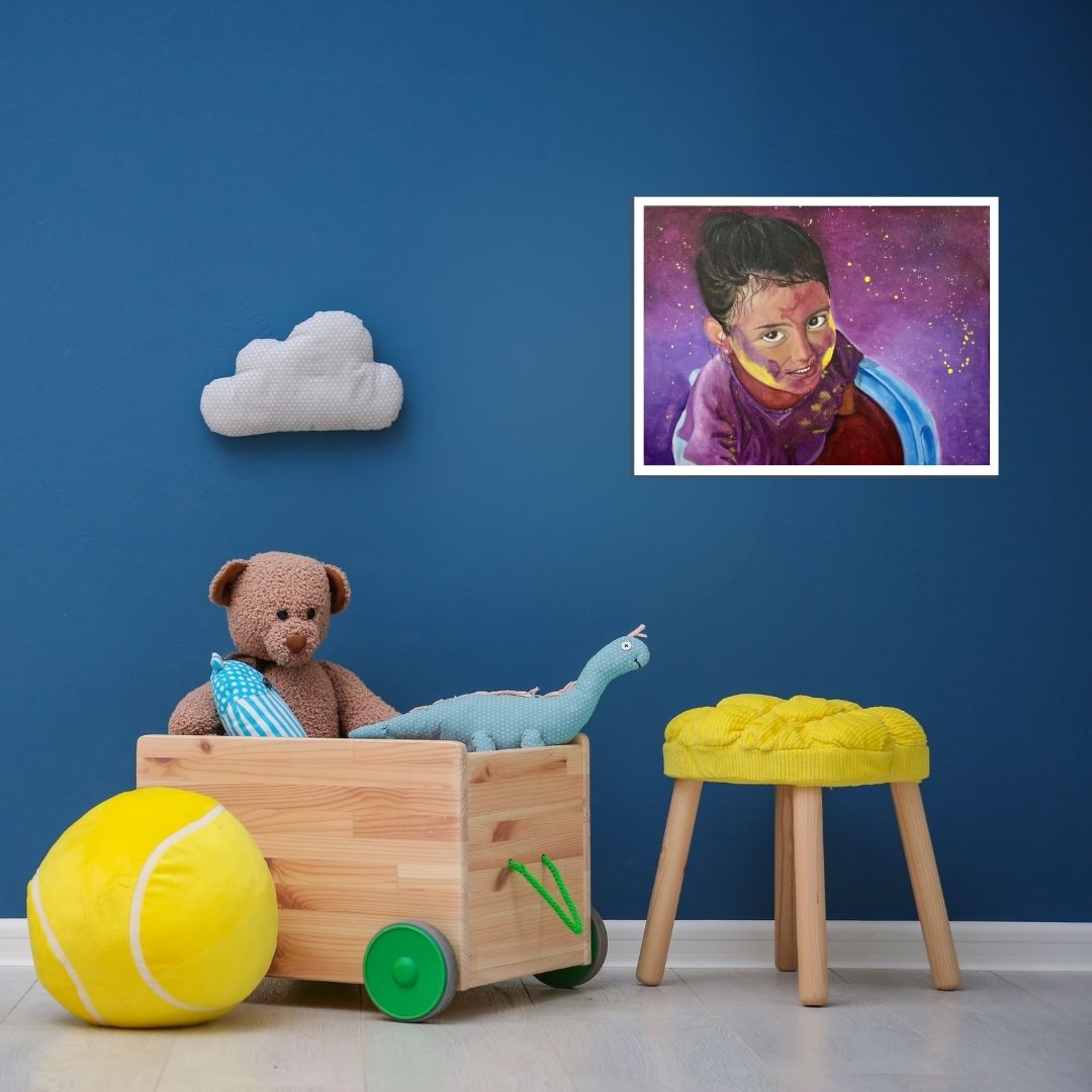 Original hand-painted artwork by Hitika Puri - Artistic depiction of a person with a purple scarf against a starry purple background