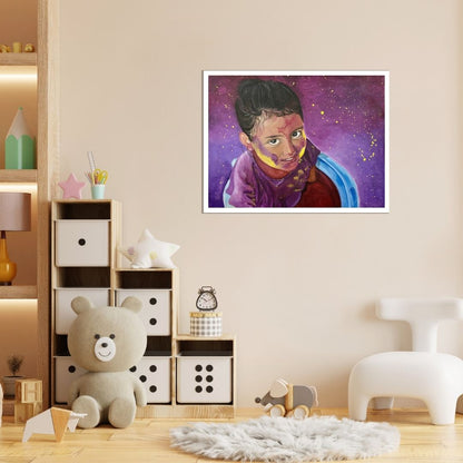Original hand-painted artwork by Hitika Puri - Artistic depiction of a person with a purple scarf against a starry purple background