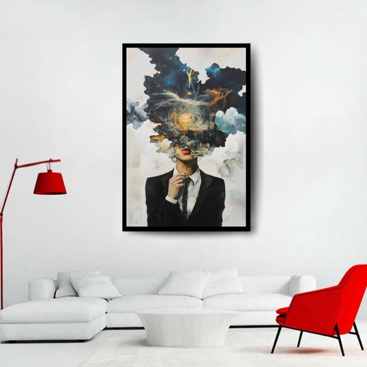 Constellations of Thought – surrealist painting of a woman in a suit with a cosmic explosion emerging from her head, featuring stars and cityscapes, available on ArtixHub