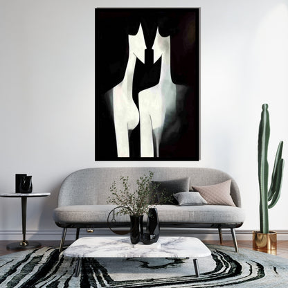 Contours in Contrast – abstract minimalist artwork of two mirrored figurative silhouettes in black and white, available on ArtixHub