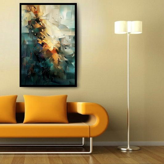 Contours of Collapse by Lior Ezan – Abstract geometric painting in teal and gold, available at ArtixHub