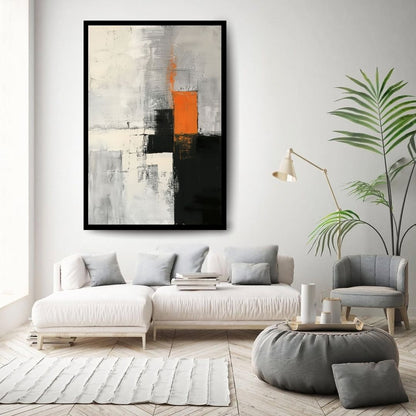Controlled Breach – abstract minimalist painting with layered gray, white, and black textures interrupted by a bold orange vertical form, available on ArtixHub