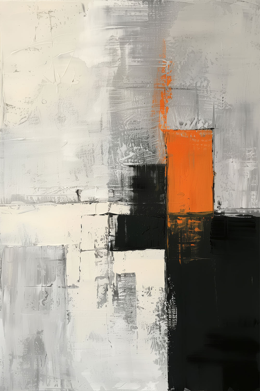 Controlled Breach – abstract minimalist painting with layered gray, white, and black textures interrupted by a bold orange vertical form, available on ArtixHub