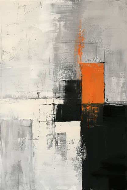 Controlled Breach – abstract minimalist painting with layered gray, white, and black textures interrupted by a bold orange vertical form, available on ArtixHub
