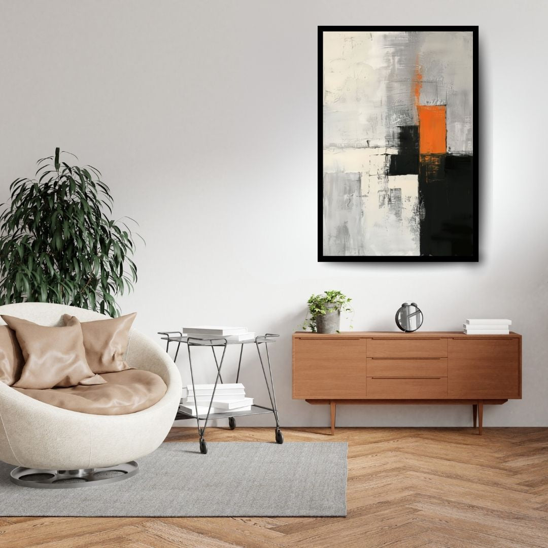 Controlled Breach – abstract minimalist painting with layered gray, white, and black textures interrupted by a bold orange vertical form, available on ArtixHub