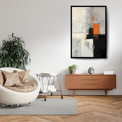 Controlled Breach – abstract minimalist painting with layered gray, white, and black textures interrupted by a bold orange vertical form, available on ArtixHub