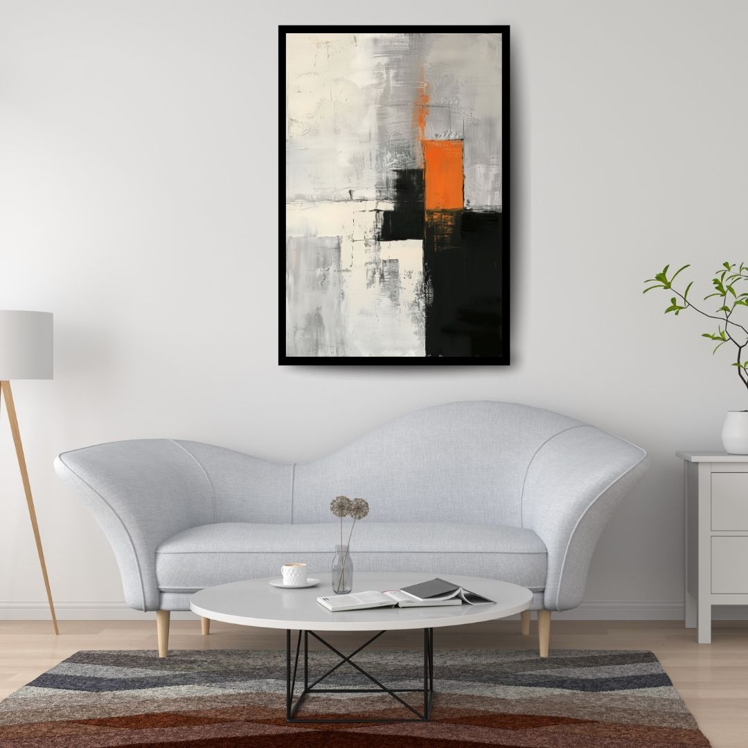 Controlled Breach – abstract minimalist painting with layered gray, white, and black textures interrupted by a bold orange vertical form, available on ArtixHub