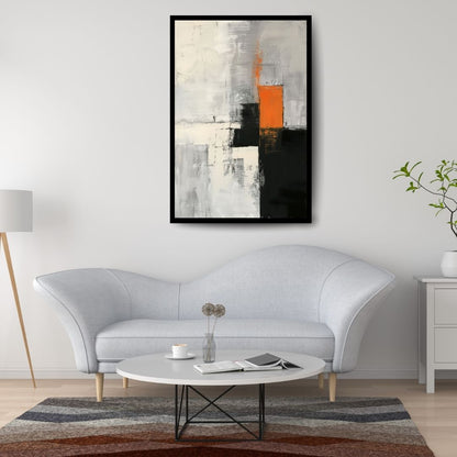 Controlled Breach – abstract minimalist painting with layered gray, white, and black textures interrupted by a bold orange vertical form, available on ArtixHub