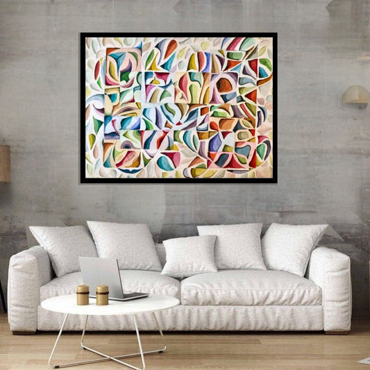 Colorful abstract pattern on a textured surface. Cosmic Pattern (نسق الكون) – abstract geometric painting by Professor Ibrahim Al Awam, ArtixHub