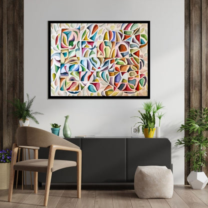 Colorful abstract pattern on a textured surface. Cosmic Pattern (نسق الكون) – abstract geometric painting by Professor Ibrahim Al Awam, ArtixHub