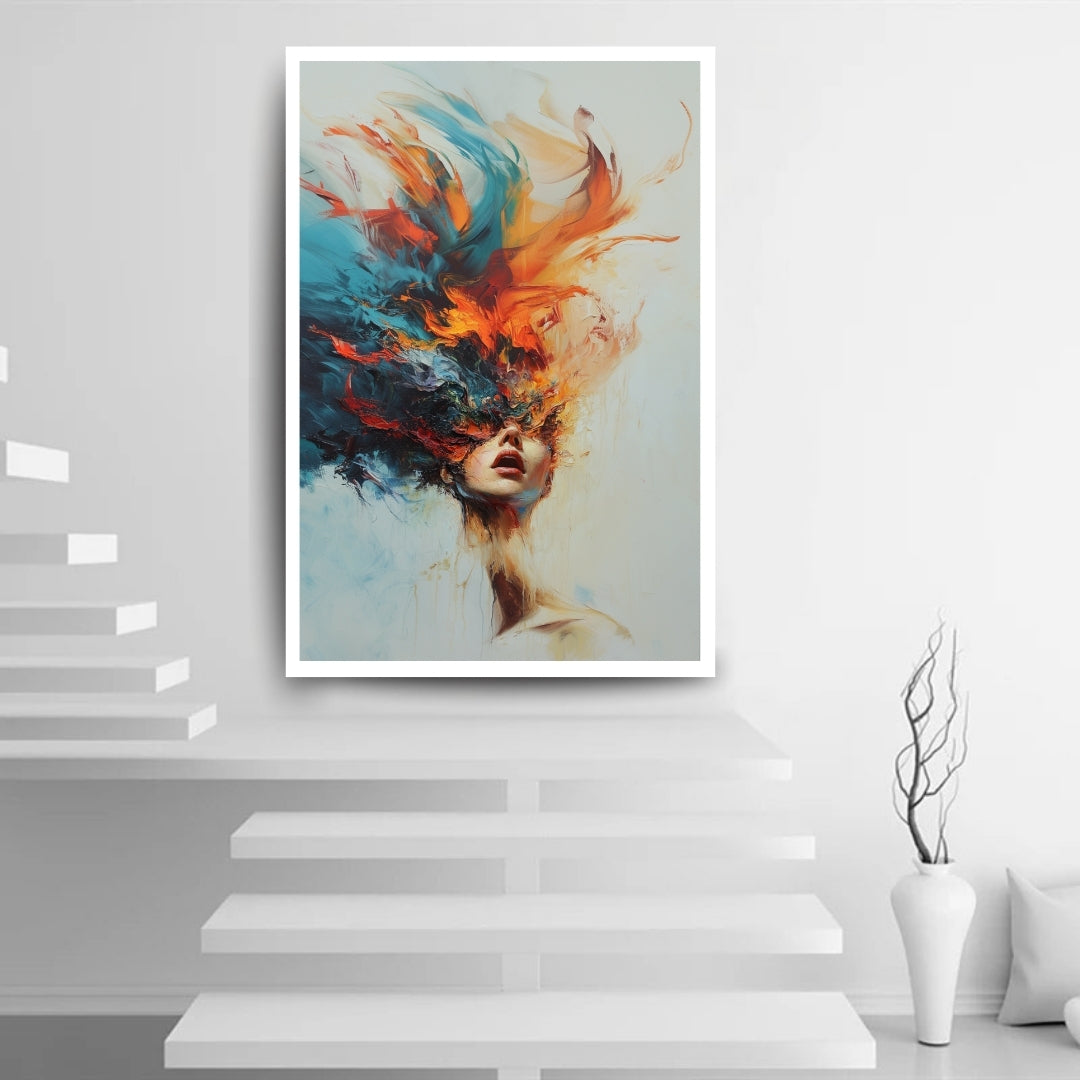 Crescendo – abstract expressionist artwork of a woman's face dissolving into vivid brushstrokes, available on ArtixHub