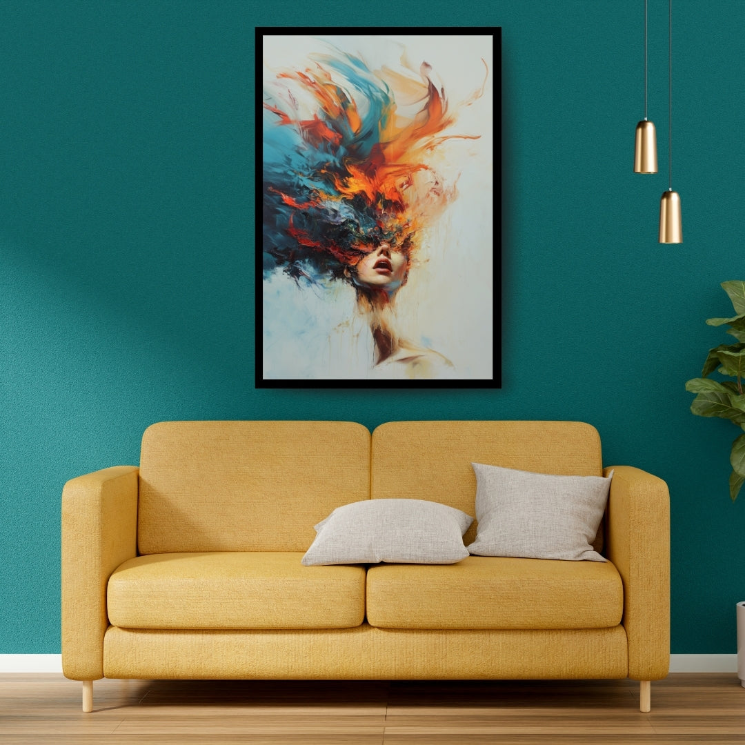 Crescendo – abstract expressionist artwork of a woman's face dissolving into vivid brushstrokes, available on ArtixHub