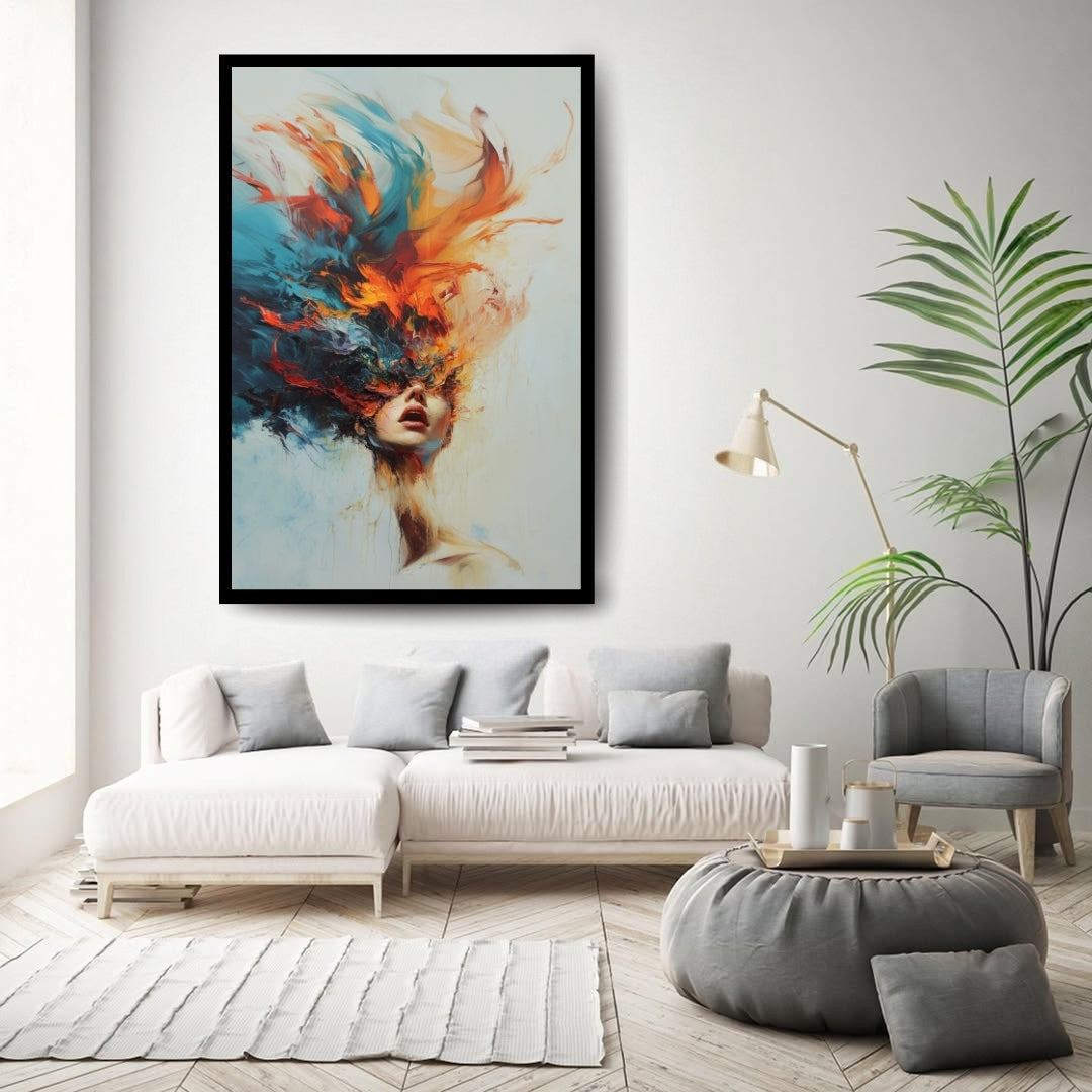 Crescendo – abstract expressionist artwork of a woman's face dissolving into vivid brushstrokes, available on ArtixHub