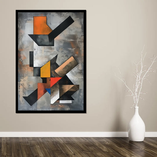 Cubist Shift by Lior Ezan – bold geometric abstract painting in black, orange, and gray, exclusive on ArtixHub