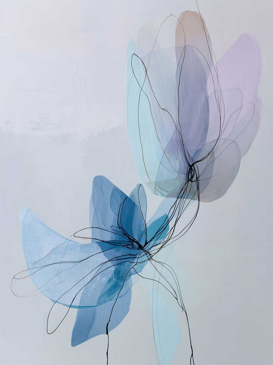 Delicate Becoming – abstract botanical artwork with soft blue translucent petals and fine black lines on white background, available on ArtixHub