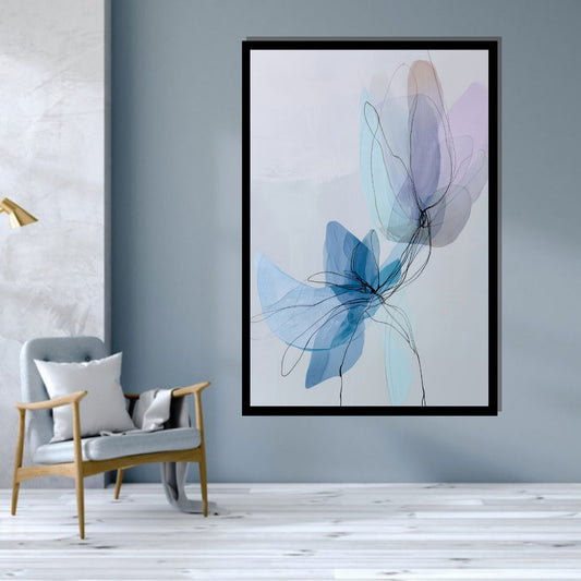 Delicate Becoming – abstract botanical artwork with soft blue translucent petals and fine black lines on white background, available on ArtixHub