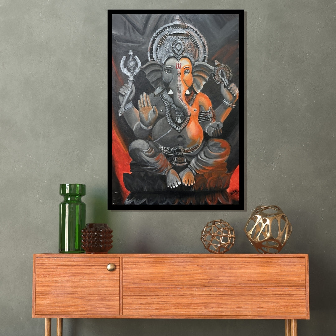 Painting of a deity with multiple arms and a crown on a dark background. Divine Glow on Silver – figurative painting of Lord Ganesha in silver and orange tones by Hitika Puri
