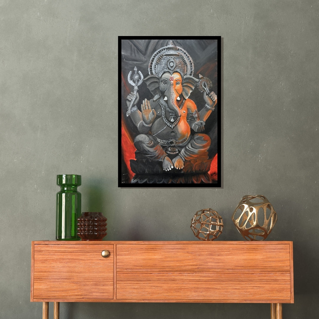Original hand-painted artwork by Hitika Puri -  Painting of Lord Ganesha with a dark background