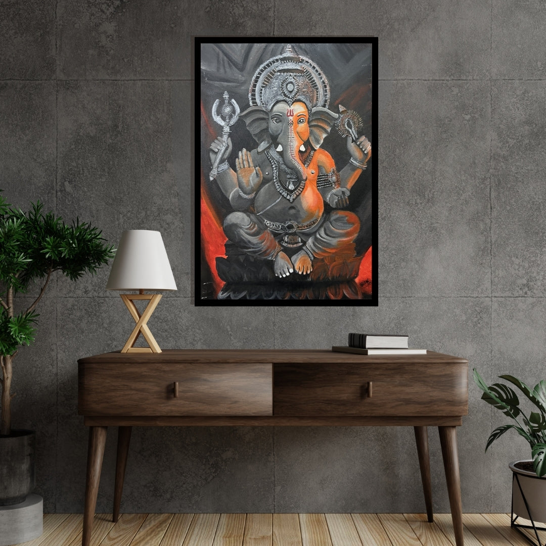 Painting of a deity with multiple arms and a crown on a dark background. Divine Glow on Silver – figurative painting of Lord Ganesha in silver and orange tones by Hitika Puri