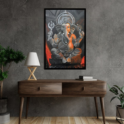 Painting of a deity with multiple arms and a crown on a dark background. Divine Glow on Silver – figurative painting of Lord Ganesha in silver and orange tones by Hitika Puri