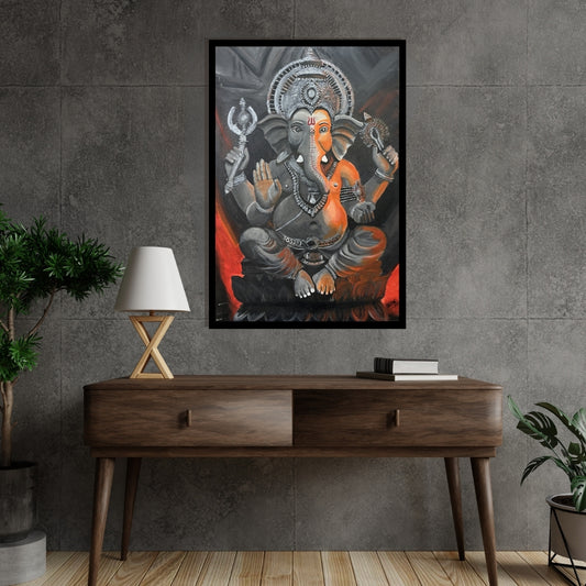 Painting of a deity with multiple arms and a crown on a dark background. Divine Glow on Silver – figurative painting of Lord Ganesha in silver and orange tones by Hitika Puri