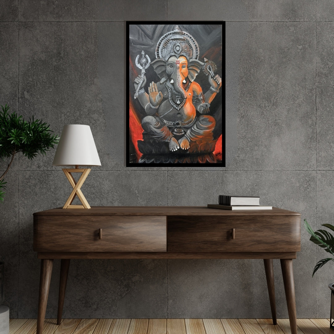 Original hand-painted artwork by Hitika Puri -  Painting of Lord Ganesha with a dark background