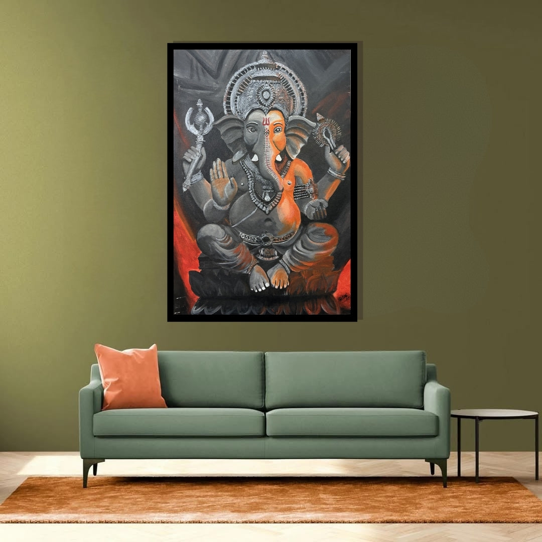 Painting of a deity with multiple arms and a crown on a dark background. Divine Glow on Silver – figurative painting of Lord Ganesha in silver and orange tones by Hitika Puri