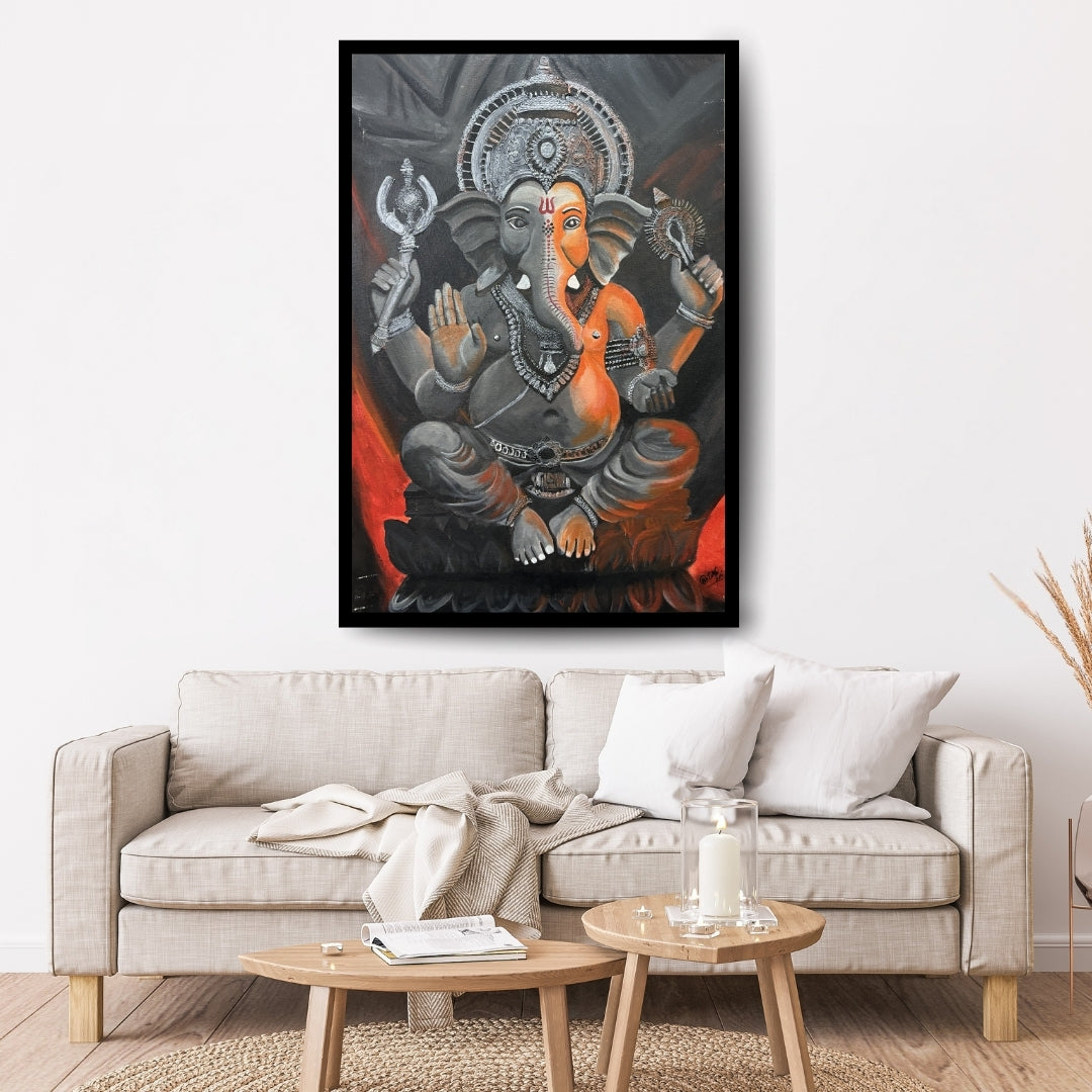 Painting of a deity with multiple arms and a crown on a dark background. Divine Glow on Silver – figurative painting of Lord Ganesha in silver and orange tones by Hitika Puri