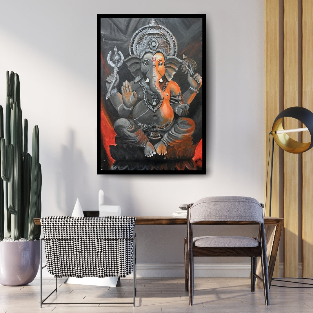 Painting of a deity with multiple arms and a crown on a dark background. Divine Glow on Silver – figurative painting of Lord Ganesha in silver and orange tones by Hitika Puri