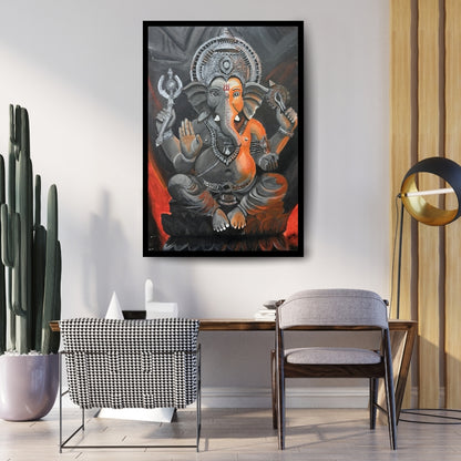 Painting of a deity with multiple arms and a crown on a dark background. Divine Glow on Silver – figurative painting of Lord Ganesha in silver and orange tones by Hitika Puri