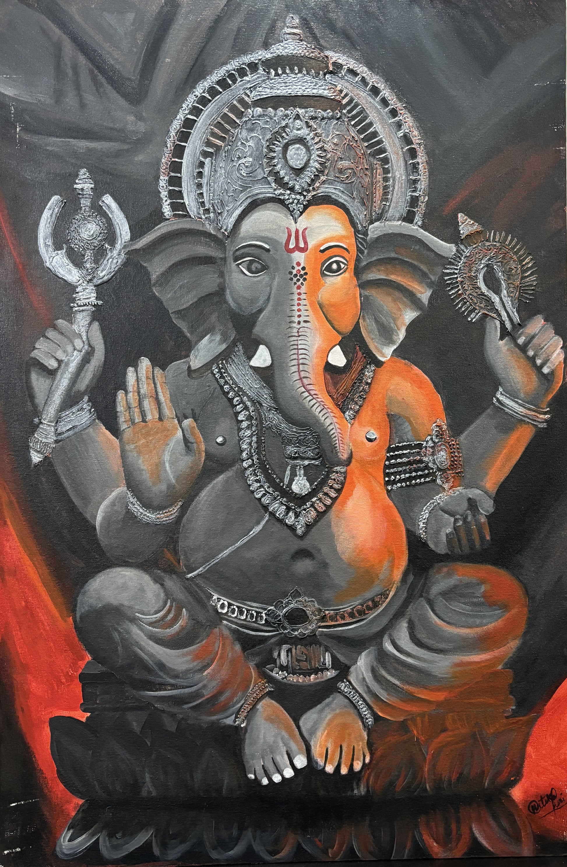 Painting of a deity with multiple arms and a crown on a dark background. Divine Glow on Silver – figurative painting of Lord Ganesha in silver and orange tones by Hitika Puri
