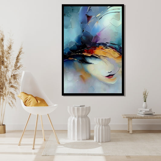 Draconic Gaze – abstract surrealist painting of a woman’s face emerging from layered textures and iridescent tones, available on ArtixHub