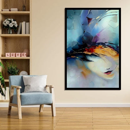 Draconic Gaze – abstract surrealist painting of a woman’s face emerging from layered textures and iridescent tones, available on ArtixHub