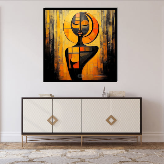 Abstract art painting with geometric design on a textured background. Echoes of Becoming – African abstract female silhouette with geometric golden halo by Amina Diallo