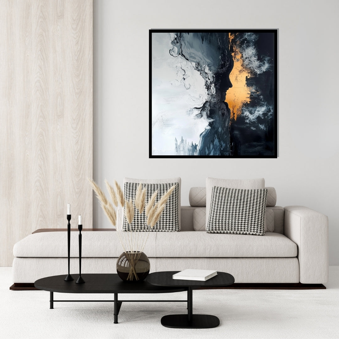 Abstract art piece with a silhouette of a person and a reflective surface. Eclipse Within – dramatic abstract with a human profile silhouette in black, white, and gold textures by ArtixHub