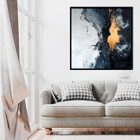 Abstract art piece with a silhouette of a person and a reflective surface. Eclipse Within – dramatic abstract with a human profile silhouette in black, white, and gold textures by ArtixHub