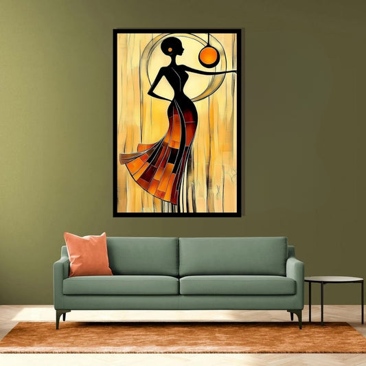 Ember Flow – African abstract figurative painting of a woman in flowing dress with warm golden tones by Amina Diallo