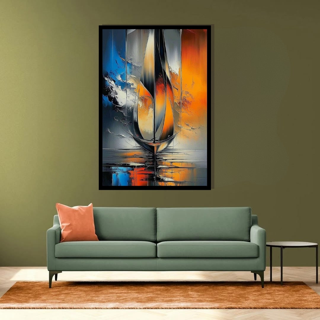 Equinox Currents by Lior Ezan – abstract sailboat painting with vivid orange, blue, and black tones, featured on ArtixHub
