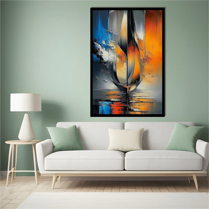 Equinox Currents by Lior Ezan – abstract sailboat painting with vivid orange, blue, and black tones, featured on ArtixHub