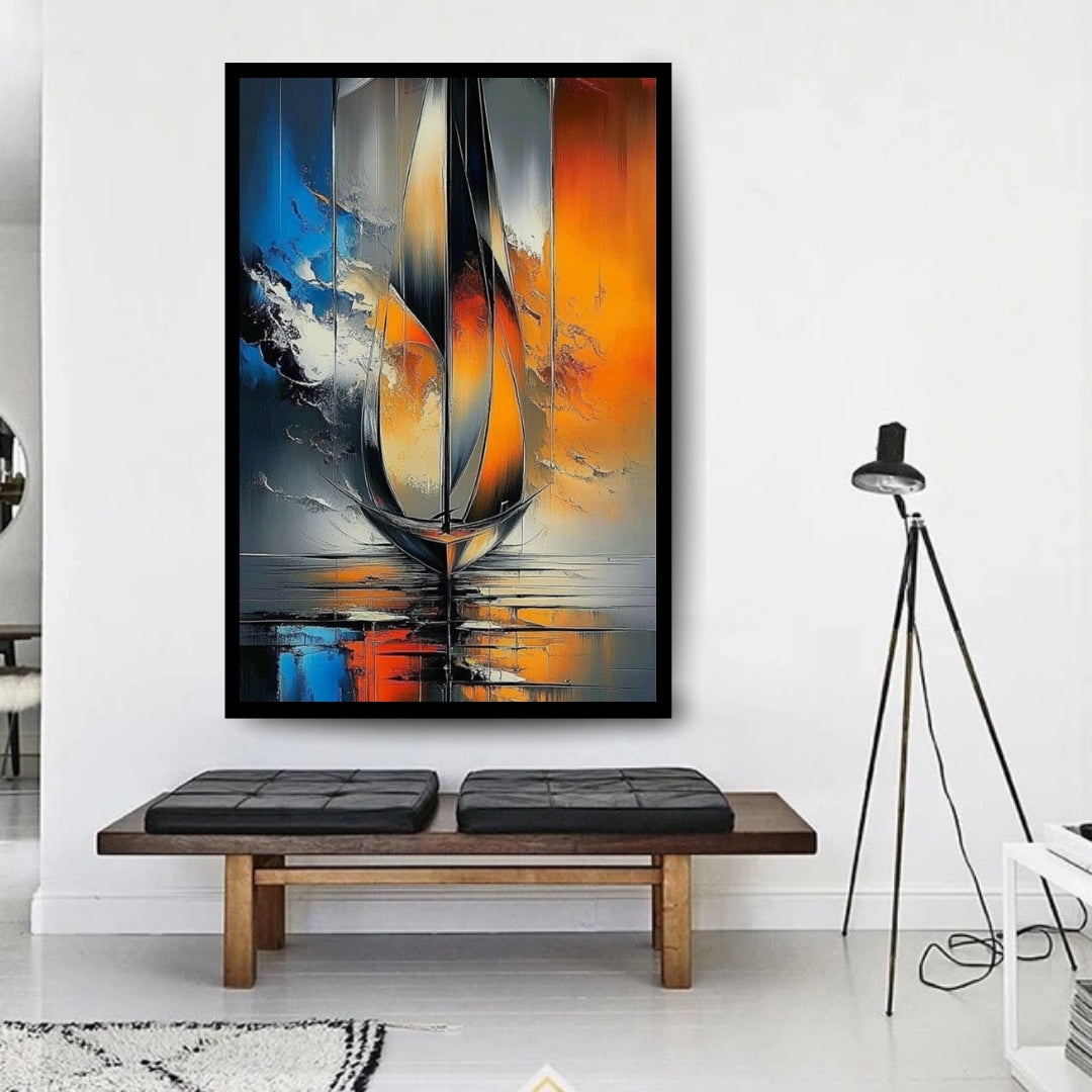 Equinox Currents by Lior Ezan – abstract sailboat painting with vivid orange, blue, and black tones, featured on ArtixHub