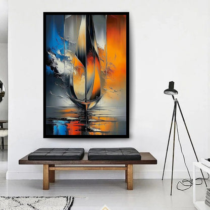 Equinox Currents by Lior Ezan – abstract sailboat painting with vivid orange, blue, and black tones, featured on ArtixHub