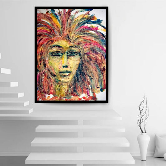 Artistic depiction of a face with vibrant, multicolored hair on a white background. Features (ملامح) – figurative expressionist painting by Professor Ibrahim Al Awam, ArtixHub