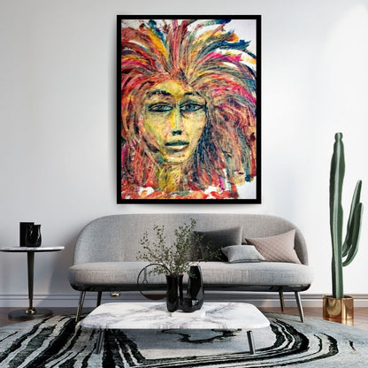 Artistic depiction of a face with vibrant, multicolored hair on a white background. Features (ملامح) – figurative expressionist painting by Professor Ibrahim Al Awam, ArtixHub