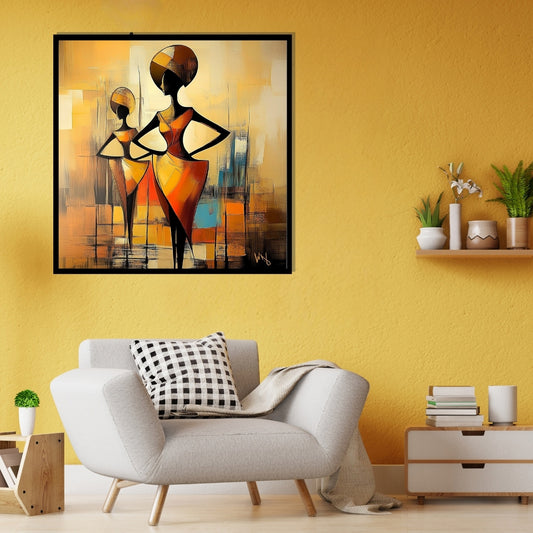 Abstract painting of two figures in a stylized, geometric design with warm colors. Fiery Times – African abstract painting of two women in bold orange dresses by Amina Diallo