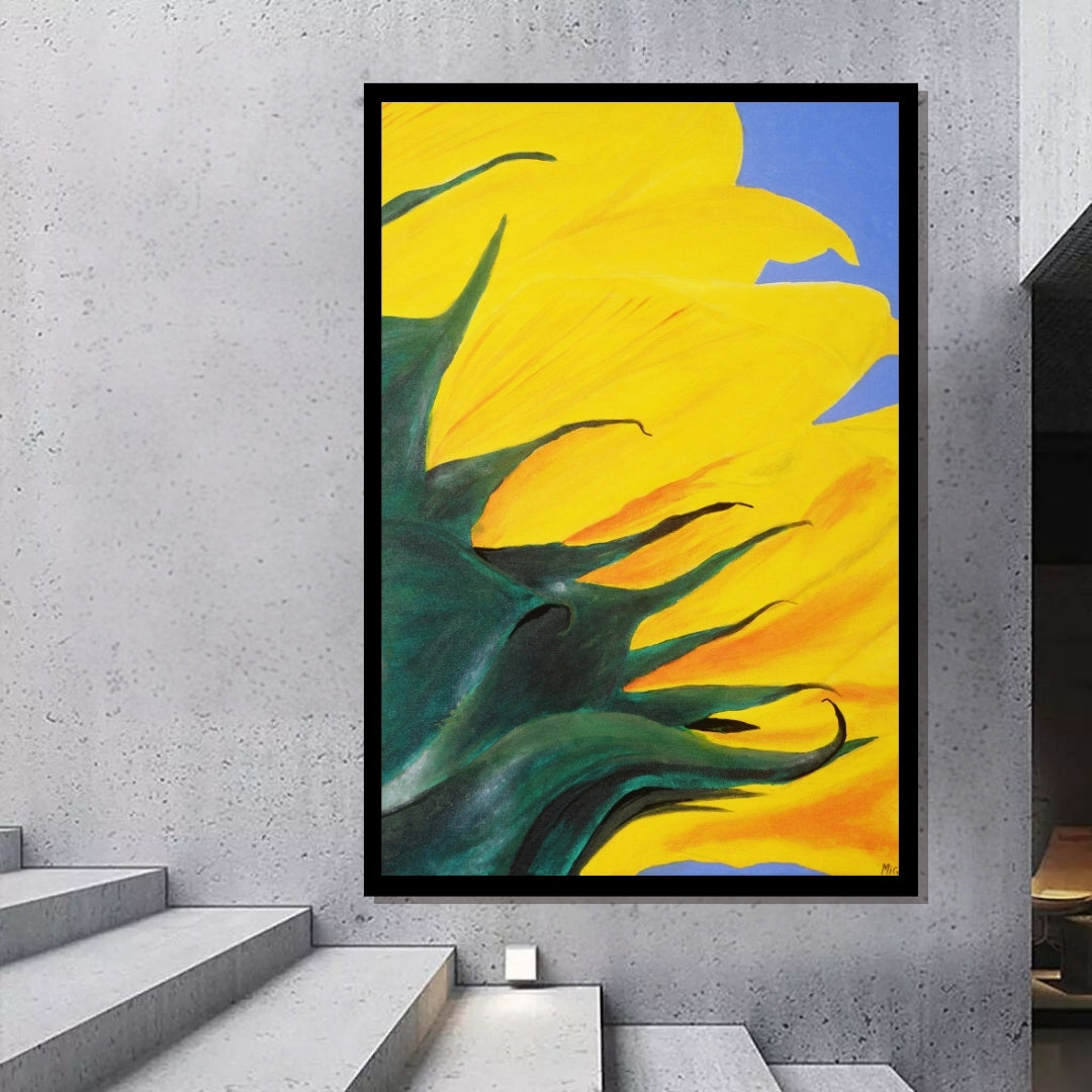 Close-up of a sunflower with bright yellow petals and green leaves against a blue background. Floral Wave – abstract sunflower close-up painting with bold yellow petals by Mira Ayyash