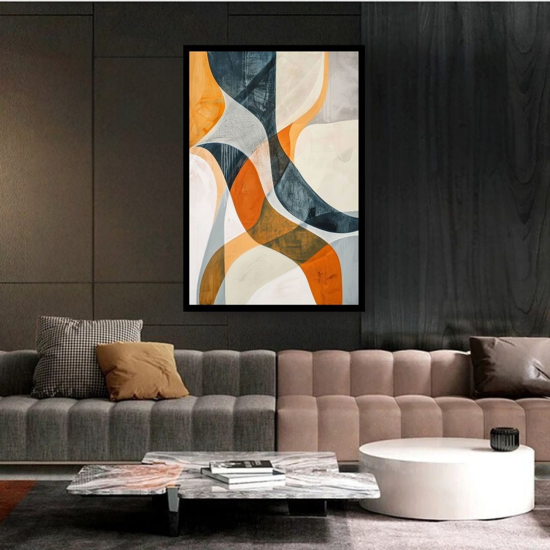 Flux – abstract minimalist painting with flowing curved shapes in warm orange and cool blue tones, available on ArtixHub
