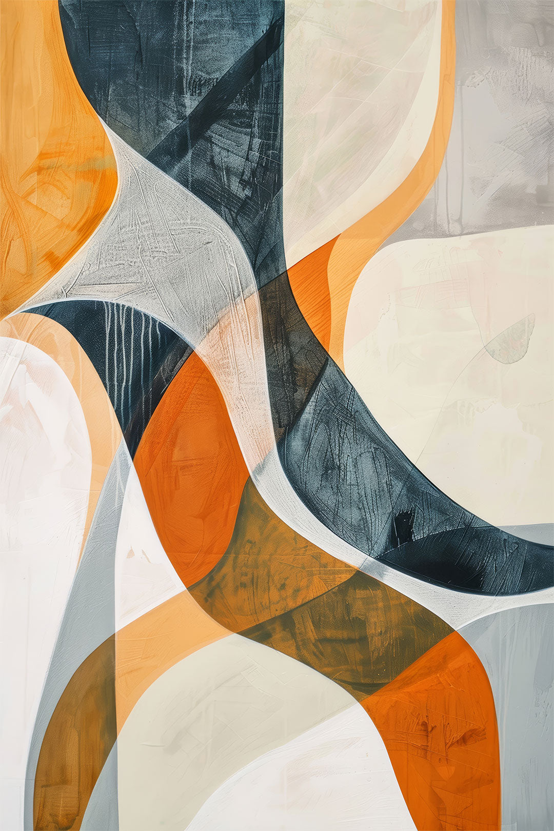 Flux – abstract minimalist painting with flowing curved shapes in warm orange and cool blue tones, available on ArtixHub