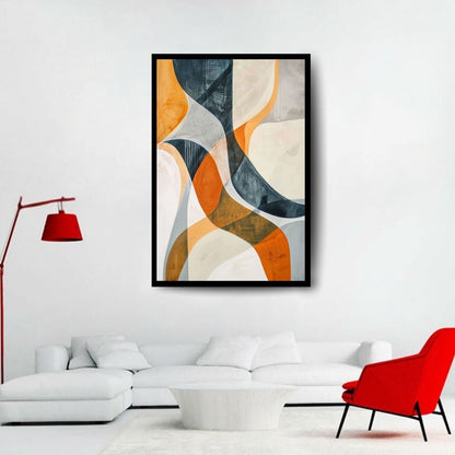 Flux – abstract minimalist painting with flowing curved shapes in warm orange and cool blue tones, available on ArtixHub